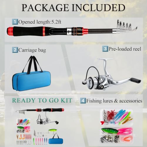 Fishing Pole Set, 5.2FT Compact Telescopic Fishing Rod and Reel Combo with Complete Tackle Lures, Travel Carry Bag All-in-One Fishing Gear for Beginner Spinning Rod Combo Fishing Gift - Image 2