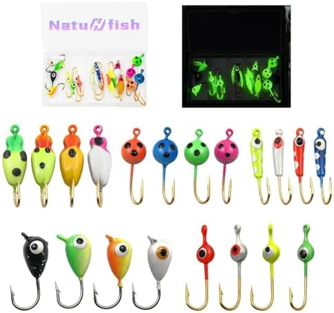 Natufish Glow Ice Fishing Jigs Set 20/28Pcs for Winter Ice Fishing by Natufish