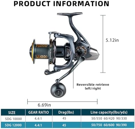 Fishing Spinning Reel, 10000/12000 Saltwater Spinning Reel, 45LBS Max Drag, CNC Aluminum Screw-in Handle & Spool, Oscillating Guide Rod System, Surf Fishing Reel for Beach & Boat Fishing - Image 5
