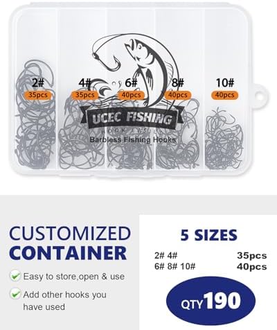 UCEC 190/220/260PCS Barbless Fishing Hooks, Carp Hooks Circle Curve Shank Fly Tying Fishing Hook Tackle Kit for Freshwater Saltwater Hair Rig Trout Size: 2# 4# 6# 8# 10# - Image 4