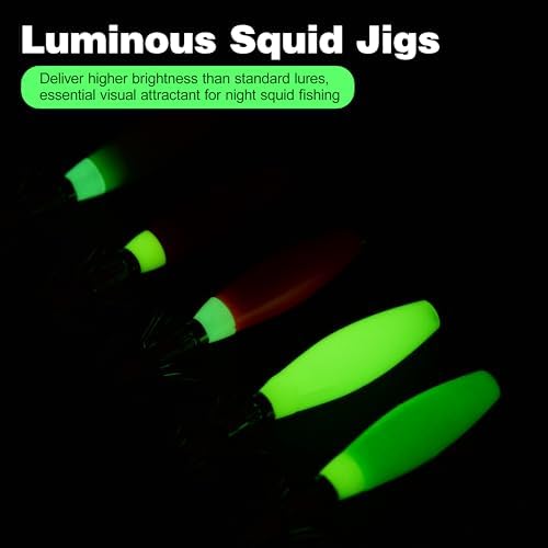 OROOTL Squid Jigs Saltwater Fishing Lures, 5/10pcs Glow Squid Jig Hooks Luminous Cuttlefish Sleeve Octopus Jig Baits Night Fishing Octopus Lures Set with Tackle Box - Image 3