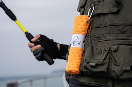 Microfiber Fishing Towels with Clip, Waffle Pattern for Effective Cleaning of Fishing Gears or Dirty Hands, 16” x 16”, Camping Towels, Hiking Towels, Pack of 3 (Orange) - Image 2