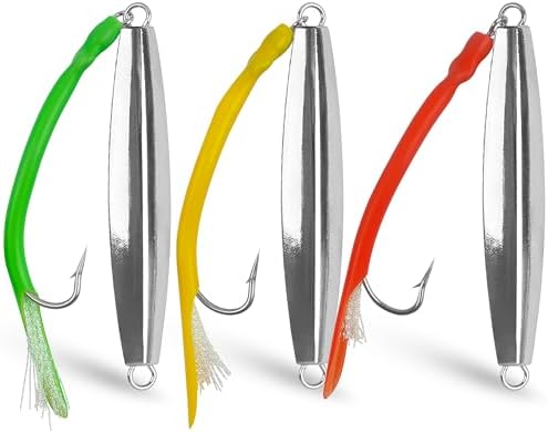 Diamond Jig Saltwater Fishing Lure, 2/3pcs Casting Jigging Spoons with Split Tube Tail Striped Bass Flat Metal Jig for Surf Fishing Bottom Sinking Bouncing Deep Sea Ocean 1-10oz by SILANON