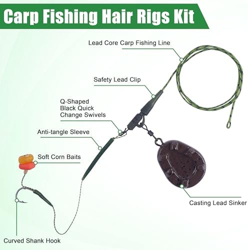 Carp Fishing Rigs Kit Carp Hair Rig with Carp Sinker Weights Carp Hooks Corn Bait Leader Rigs Quick Change Rolling Swivels Sleeves Carp Fishing Equipment Accessories - Image 2