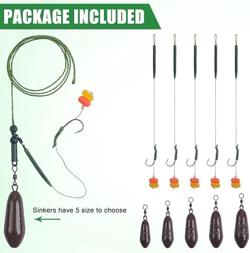 Carp Fishing Rigs Kit Carp Hair Rig with Carp Sinker Weights Carp Hooks Corn Bait Leader Rigs Quick Change Rolling Swivels Sleeves Carp Fishing Equipment Accessories - Image 5