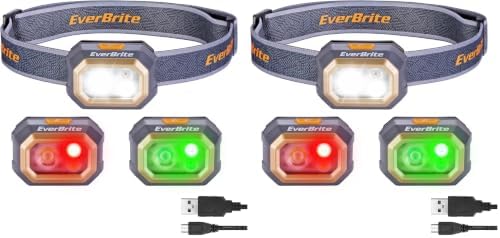 EverBrite Rechargeable Headlamp, 700 Lumens Head lamp for Adults, 6 Modes with White/Red/Green Light, 60° Adjustable LED Headlight for Hunting, Running, and Hiking (Pack of 2) by EverBrite