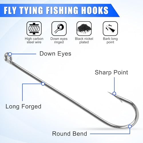 Fly Tying Hooks, 150pcs Streamer Hooks Dry Fly Fishing Hooks 2X Long Eye Down Nymph Fly Hooks Dry Wet Nymph Shrimp & Pupa, Streamer, Caddis, Scud Flies Jig Fishing Hooks - Image 2