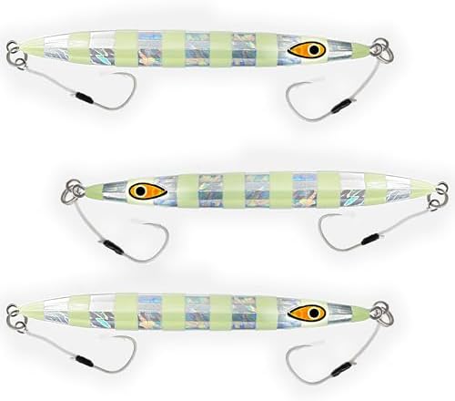 Slow Pitch Knife Jigs, 300g, 3 Pcs, 9 Inches, Zebra Glow Silver, Rigged by Sanhu