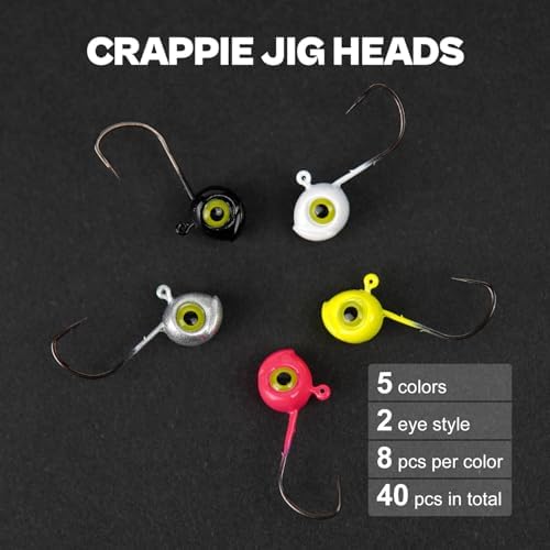 40-Pack Crappie Jig Heads for Fishing - 5 Colors Kit for Panfish, Walleye, Bass 1/32, 1/16, 1/8oz - Image 3