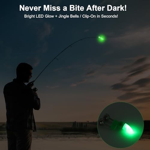 25 PCS Fishing Rod Bells with Tip up Lights, Dual Fishing Bite Alarms for Fishing Poles, Bright LED Fishing Lights for Night Fishing, Ice Fishing, Anti-Slip Clip Fishing Alert Bells for Rods - Image 2