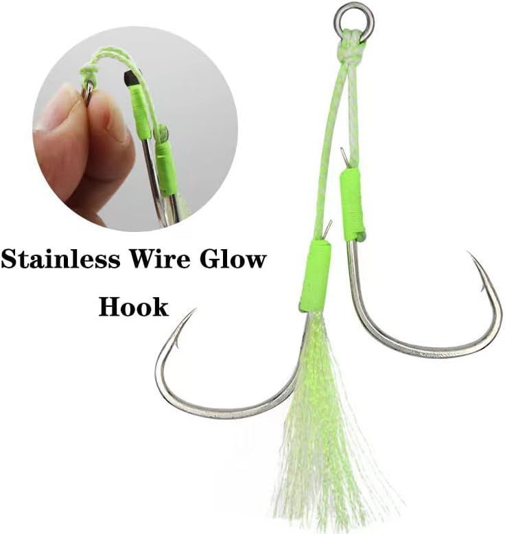 4PCS Long Cast Slow Pitch Vertical Jigs Saltwater Artificial Fishing Lure UV Glow Jig Metal Spoons Hard Jigging Bait with Glow Skirt Assist Hooks Fast Fall Jigs for Tuna Salmon Bass Kingfish - Image 5