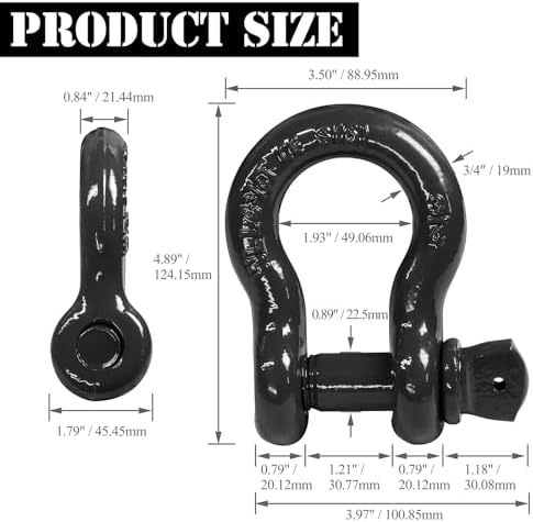 3/4" D Ring Shackle with 7/8" Screw Pin, 4.75T Working Load Limit (WLL) / 28.5T (62,831 lb) Minimum Breaking Strength (MBS) for Tow Strap Winch, Off-Road Vehicle Recovery (Black, 2 Pack) - Image 4