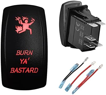 12V 24V RED Led Burn Ya Batard Rocker Switch with Wires 5 PIN ON-Off Laser Etched Switches for Car Boat Truck Trailer RV Polaris Ranger Golf Cart Console Replacement by BACAUTOPARTS