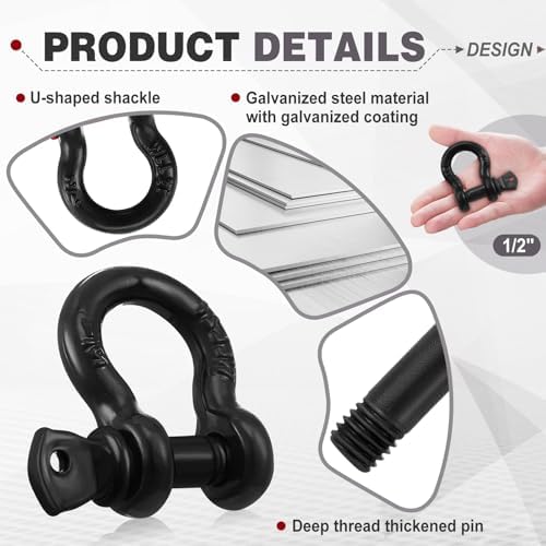 12 Pack 1/2" D Ring Shackle with Screw Pin for Tow Strap Winch - Image 3