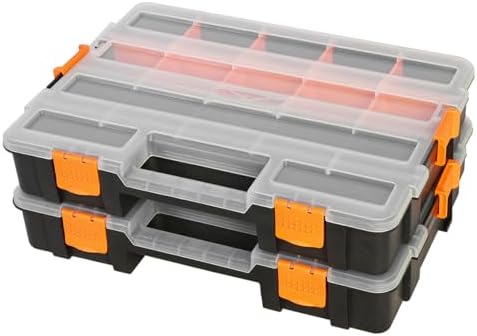 Jack Boss Tool Box with Transparent Lid, Single Side 17-Compartments Organizer Box with Removable Dividers for Hardware, Screws, Bolts, Nails, Beads, Jewelry and Fishing Accessories, Orange, 2 Pack by JACKBOSS
