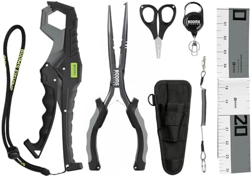Booms Fishing Gear and Equipment: 6pcs Fishing Tools Kit with Needle Nose Pliers, Fish Gripper, Scissors, 24" Ruler, Retractor & Lanyard - Saltwater Fishing Tackle Accessories Gifts for Men, TK1 by BoomsFishing