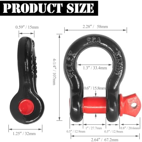 1/2" D Ring Shackle with 5/8" Screw Pin, 2T Working Load Limit (WLL) / 12T (26,455 lb) Minimum Breaking Strength (MBS) for Tow Strap Winch, Off-Road Vehicle Recovery (Black/Red, 4 Pack) - Image 4