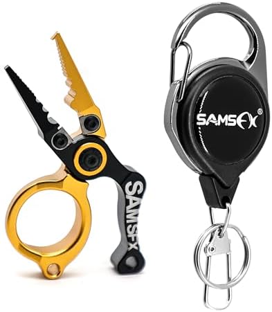 SAMSFX Mini Fishing Pliers with Fly Fishing Zinger Retractor, Fish Hook Remover Tool, Split Ring Pliers for Saltwater & Freshwater, Tungsten Carbide Cutters, Fishing Gear Gift for Anglers by SAMSFX