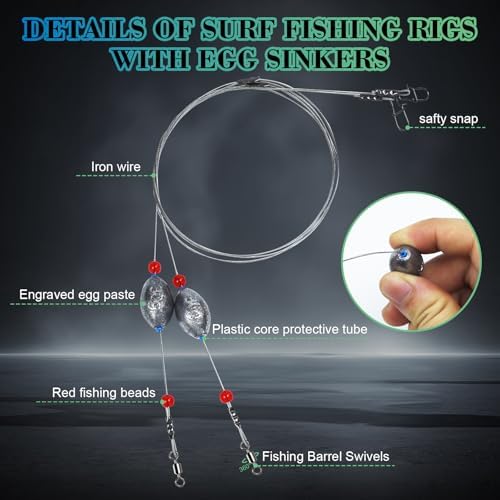 Fishing Egg Sinker with Soft Plastic Core Weight Rigs 5pcs Flounder Rig Saltwater,176.37lb Fishing Wire Leader with Egg Sinker Swivels Snap, Grouper Bottom Fishing Rigs - Image 5