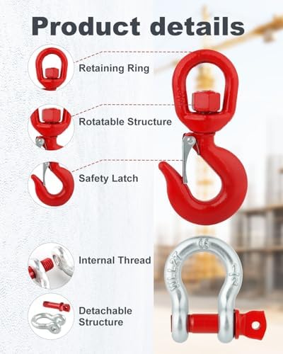 1 Ton Swivel Lifting Hook with 3/8 Inch D Ring Anchor Shackles - Image 2
