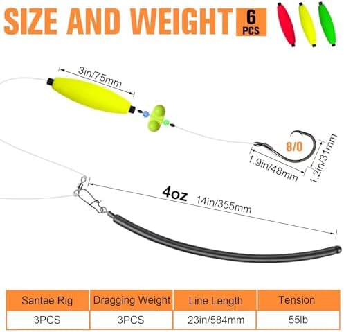 Dovesun 6PCS Catfish Rigs Kit Santee Rig with Catfish Float Rattler Dragging Weights Catfishing Tackle Circle Hook Size 5/0 8/0 Weight Size 2OZ/3OZ/4OZ - Image 5