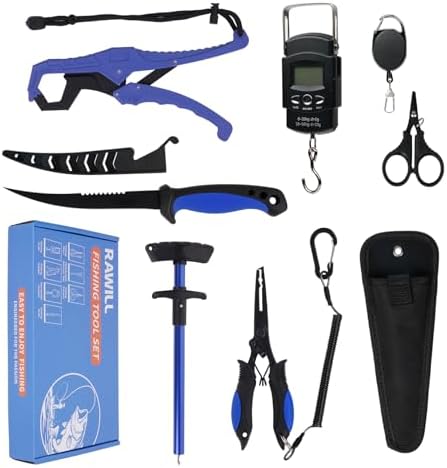 RAWILL Fishing Kit,Filleting Knife,Hook Remover,Fish Grip, Line Cutter,Fishing Scale, Pliers with Lanyards,Not Include Batteries by RAWILL