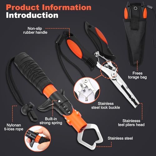 RoundFunny 9 Pcs Fishing Tool Kit, Fishing Pliers with Lanyard Sheath, Fillet Knife Kit Combo, Digital Scale, Hook Remover, Lip Gripper, Braid Scissors, Fish Gear Equipment Easter Gift Basket Men - Image 4
