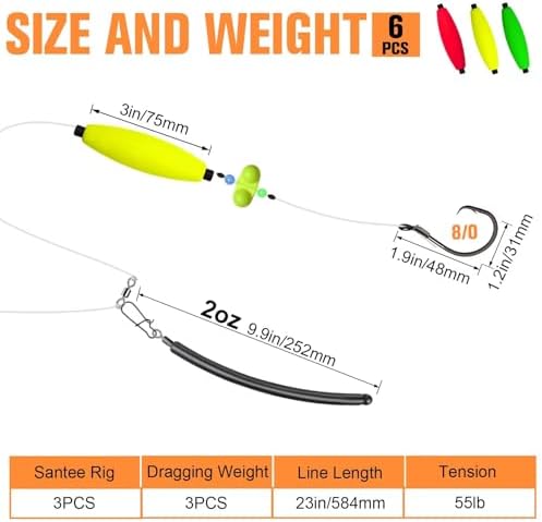 Dovesun 6PCS Catfish Rigs Kit Santee Rig with Catfish Float Rattler Dragging Weights Catfishing Tackle Circle Hook Size 5/0 8/0 Weight Size 2OZ/3OZ/4OZ - Image 5