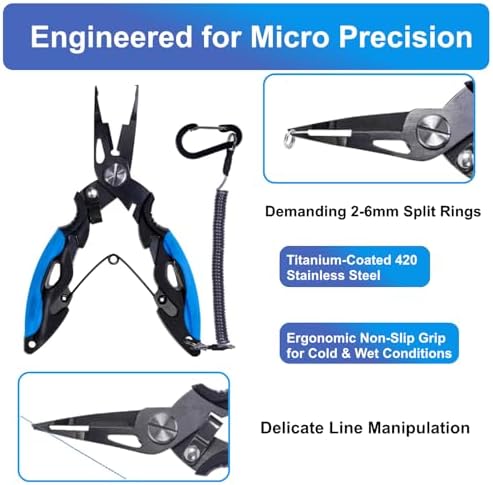 Titanium Coated Micro Fishing Pliers Precision Split Ring Pliers for Ultralight Fishing with Storage Pouch & Lanyard Blue - Image 4