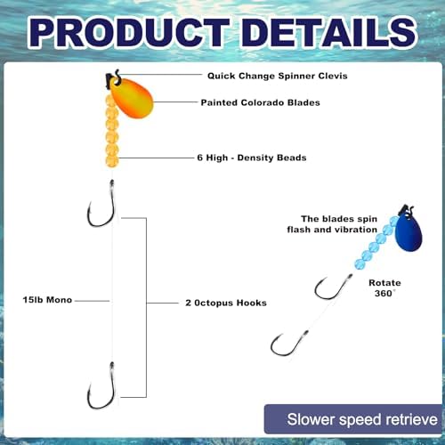15 Pack Walleye Rigs Kit 47 Inch 15lb Fishing Lure Making Kit Mono Crawler Harness Walleye Float Rig Double Hook Rig Colorado Spinner Octopus Hooks for Freshwater Trolling - Image 3