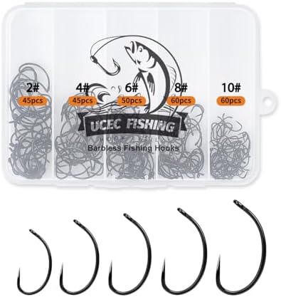 UCEC 190/220/260PCS Barbless Fishing Hooks, Carp Hooks Circle Curve Shank Fly Tying Fishing Hook Tackle Kit for Freshwater Saltwater Hair Rig Trout Size: 2# 4# 6# 8# 10# by UCEC