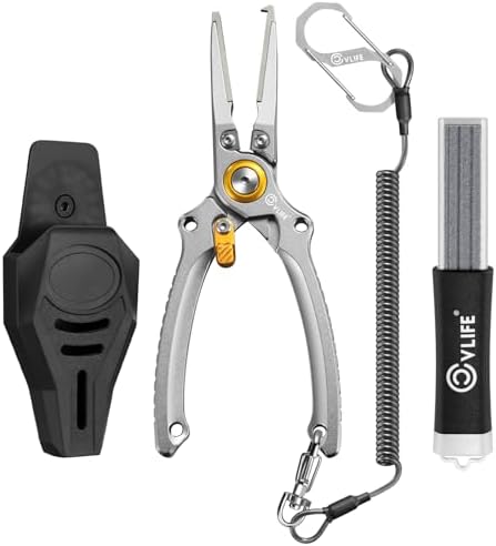 CVLIFE Fishing Pliers, Saltwater Hook Remover Kit, 7.5 Inch Aluminum Split Ring Pliers for Fishing with 17-4 PH Stainless Steel Jaws, Sheath, Tungsten Cutters Hook Sharpener & S-Carabiner by CVLIFE