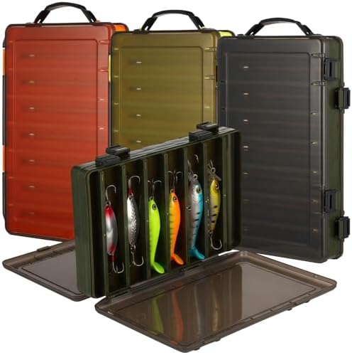 3 PCS Double Sided Fishing Lure Box, Portable Tackle Organizer with 14 Compartments, Translucent Hard Bait Storage Case, Fishing Gear Container with Drain Holes, Visible Plastic Tackle Boxes by Homaisson