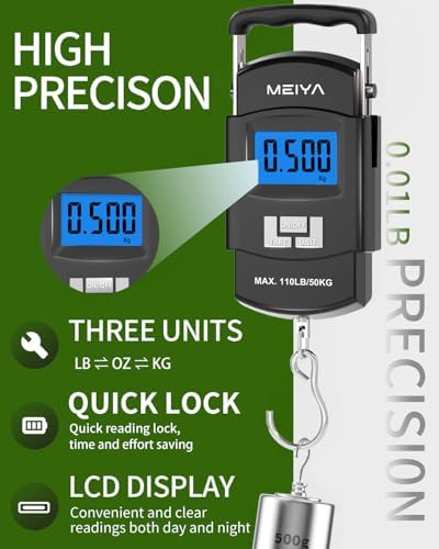 MEIYA Fish Scale 110lb/50kg Digital Fishing Scale with Backlit LCD, Portable Handle, Stainless Steel Hook & 2 AAA Batteries – Great Fishing Gifts for Men - Image 3