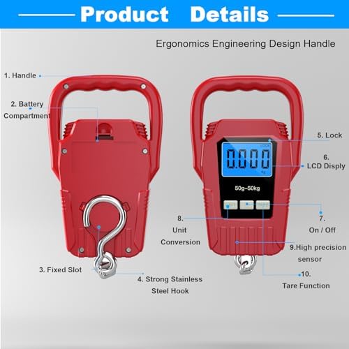 Digital Fish Scale Hanging Scale Fishing Scale,110lb/50kg Luggage Scale,Upgrade Large Handle & Backlit LCD Display, Electronic Balance Digital Fishing Postal Scale, Red, Fishing Gifts for Men - Image 4