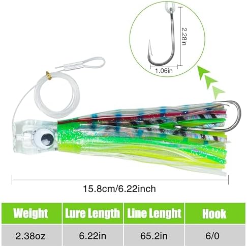 Saltwater Fishing Lures 6/9inch Trolling Lures for Marlin Mahi Tuna Dolphin Shark Big Game Deep Sea Fishing Baits Squid Skirts Rigged Hooks Ocean Gear Tackle - Image 3