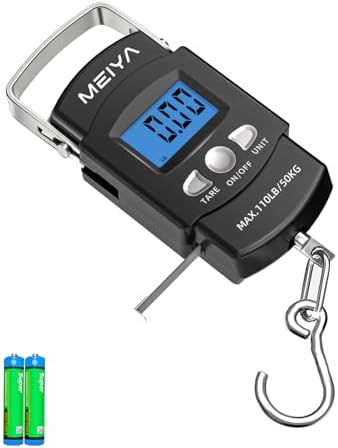 MEIYA Fish Scale 110lb/50kg Digital Fishing Scale with Backlit LCD, Portable Handle, Stainless Steel Hook, Built-in Tape Measure & 2 AAA Batteries, Reliable Fishing Gear & Great Fishing Gifts for Men by MEIYA