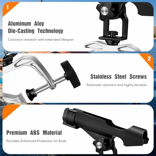 Liliful 6 Pack Fishing Boat Rod Holder 360 Degree Adjustable with Large Clamp Boat Rod Bracket Folding Fishing Pole Holders for Kayak Canoe Raft - Image 5