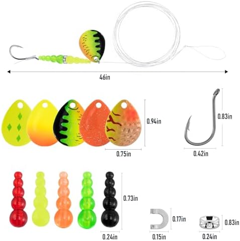 Alwonder 5PCS Walleye Rigs Wedding Ring Fishing Lures, Colorado Blades Stacked Fishing Beads Octopus Hooks Pre-Rigged Bait Rig, Crawler Harness Walleye Kokanee Salmon Spinner Rigs Kit 46IN 30LB Mono - Image 2