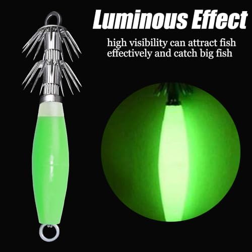 Luminous Squid Jig Hooks Saltwater Glow Squid Jigs Fluoresent Cuttlefish Sleeve Fishing Jigs Squid Hard Night Fishing Bait Octopus Lure Glow in Dark Green Color - Image 5