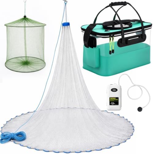 3 Pcs Fishing Bucket, Live Bait Aerator and Fishing Cast Net with Heavy Duty Sinker Foldable Live Bait Bucket Portable Quiet Aerator Fish Transport Container Outdoor EVA Bag by Relaxgiant