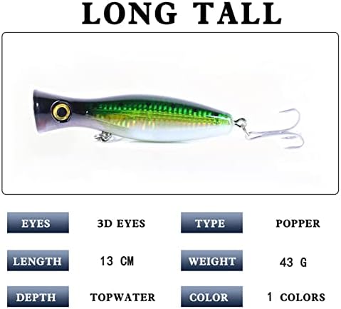 Popper Fishing Lure, JAZALIC Topwater Popper Lures 3D Eyes Fishing Accessories for Saltwater Surface Casting and Freshwater Surface Fishing, Gt Tuna Kingfish Large Predator Fish (5.11in, 1.48Oz) - Image 6
