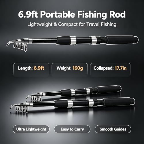 Fishing Pole Combo Set,2.1m/6.89ft 2PCS Collapsible Rods 2PCS Spinning Reels Lures Set Carrier Bag Carbon Fiber Telescopic Fishing Rods Sea Saltwater Freshwater Kit Fishing Rod Reel Combos - Image 2
