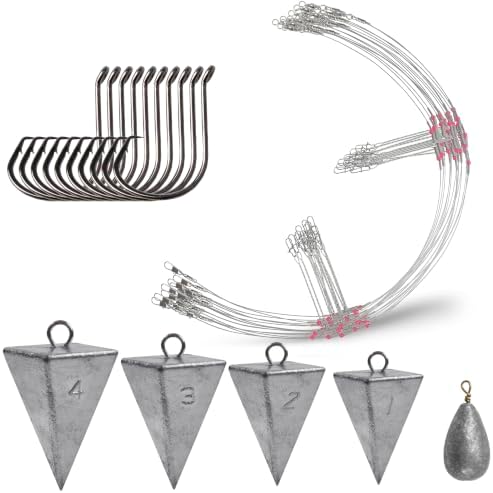 Saltwater Surf Fishing Tackle Kit - Saltwater Surf Fishing Rigs Bottom Rigs Include Fishing Leader Rigs Pyramid Sinkers Bass Casting Sinker Circle Hooks for Striped Bass Red Drum Flounder by AGOOL