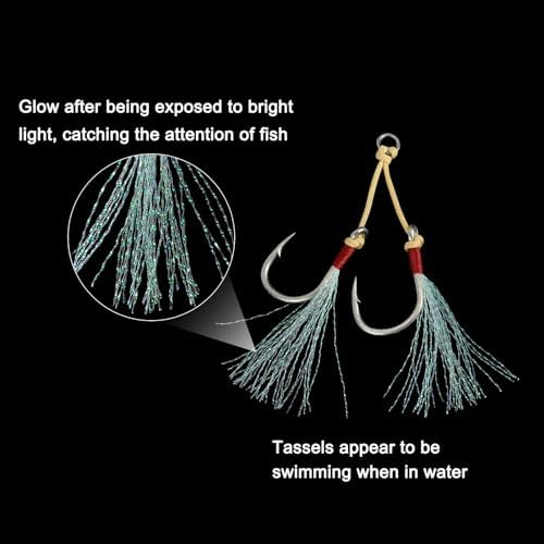 PATIKIL Fishing Assist Hooks Kit, Double Assist Jigging Hook with Glow Tassel for Slow Pitch Jigs Vertical Jigging Lure - Image 4