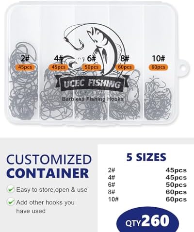 UCEC 190/220/260PCS Barbless Fishing Hooks, Carp Hooks Circle Curve Shank Fly Tying Fishing Hook Tackle Kit for Freshwater Saltwater Hair Rig Trout Size: 2# 4# 6# 8# 10# - Image 4