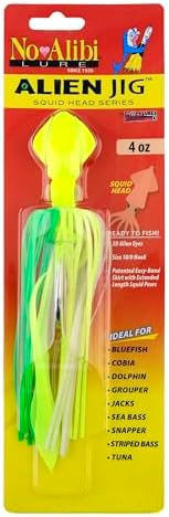 No Alibi Alien Jig - Squid Head, 4 oz, Glow Green/Chartreuse Head, Green/Chartreuse Skirt, Chartreuse Squid Paws, 10/0 Hook by CHLures