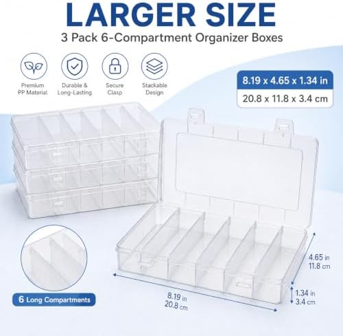 3 Pack 6 Compartment Organizer Box, Clear Plastic Storage Container with Snap Lock, Stackable Small Parts Organizer for Fishing Lures, Beads, Jewelry, Screws, Crafts and Nail Art Supplies - Image 2