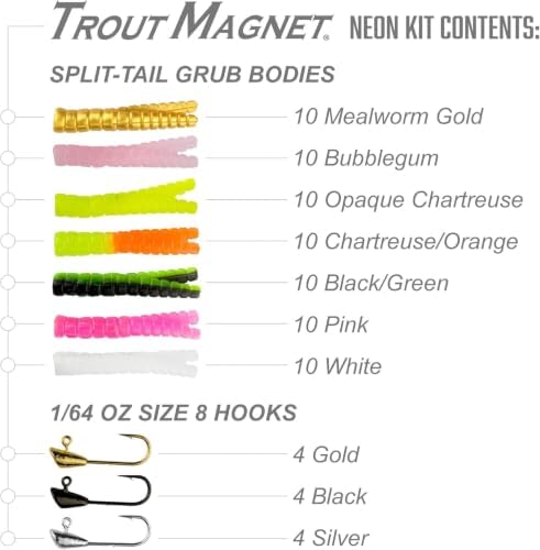 Trout Magnet 82-Piece Neon Fishing Gear Kit, Includes 70 Grub Bodies Trout Bait and 12 Size 8 Hooks - Image 3