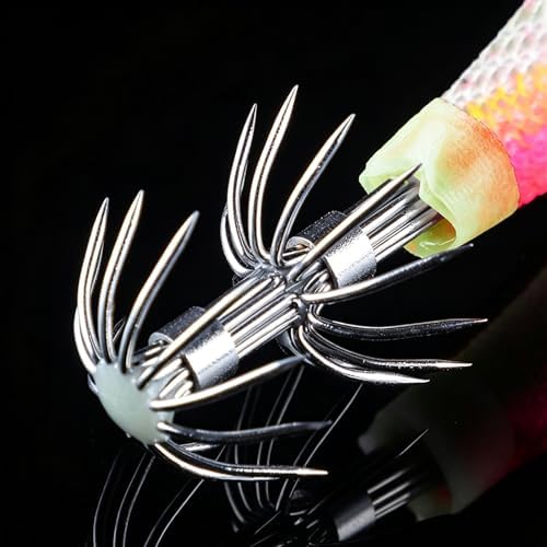 Wooden Shrimp Saltwater Fishing Bait Glow Shrimp Bait Glow Squid Bait Artificial Cuttlefish Bait with Double Rows of Parachute Hooks for Night Fishing for Squid - Image 3
